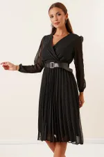 Wrap Neckline Belted Lined Polka Dot Pleated Chiffon Dress