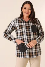 Chemise à carreaux grande taille avec boutons métalliques, détails en cuir, double poche et manches retroussables