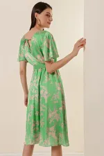 Ön Arka Kruvaze Yaka Astarlı Çiçekli Saten Elbi