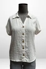 Kadın Polo Yaka Kendinden Desenli Keten Gömlek