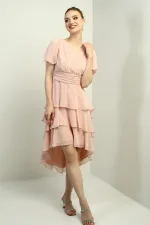 Kadın Kruvaze Yaka Arkası Fermuarlı Katkat Pileli Şifon Elbise