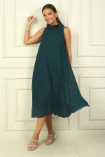 Kadın Yakası Lazer Çiçekli Astarlı Pilisoley Şifon Uzun Elbise