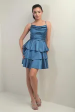 Women's Strappy, Back-Tie Short Dress Made of Layered Satin