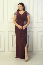 Ön Arka V Yaka Kol Ve Bel Taş Detaylı Astarlı Drapeli Simli Büyük Beden Likralı Uzun Elbise