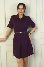 Button-front, short-sleeved, belted A-line pleated dress