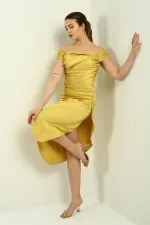 Women's Madonna Neckline Draped Asymmetrical Satin Short Dress