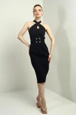 Women's Embellished Cross Neck Belted Midi Crepe Dress