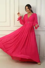 Kadın V Yaka Beli Tokalı Astarlı Şifon Uzun Abiye Elbise