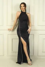 Women's Halter Neck Lined Long Satin Dress with Gathered Front and Stone Embellishments