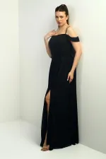 Kadın İp Askılı Eteği Kloş Astarlı Uzun Simli Elbise