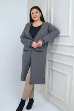 Kadın  Cepleri Şerit Detaylı Büyük Beden Uzun Triko Hırka