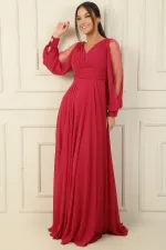 Front Back V Neck Draped Front Sleeves Tulle Lined Wide Body Long Chiffon Dress