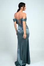 Robe longue en satin à bretelles, doublée et à armatures, manches basses et sans bretelles, pour femme