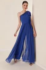 Pulpayet Yaka Tek Omuzlu Üstü Şifon Krep Tulum