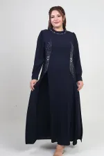 Women's Plus Size Long Dress with Stone and Bead Print