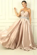 Women's Strapless Back Lace-Up Belted Embellished Lined Pleated Satin Full Circle Flared Dress