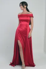 Kadın Madonna Yaka Önü Büzgülü Astarlı Pelerinli Saten Uzun Elbise