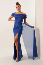 Önü Büzgülü Düşük Kol Astarlı Simli Uzun Elbise