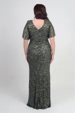 Kadın Degaje Yaka Kısa Kollu Astarlı Pullu Büyük Beden Likralı Elbise