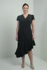 Robe en crêpe grande taille pour femme, à double boutonnage, drapée sur le devant, doublée, avec jupe à volants