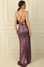 İp Askılı Drapeli Arkası Bağcıklı Astarlı Önü Yırtmaçlı Simli Uzun Elbise