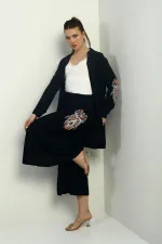 Women's Side Slit Tunic Shirt, Elastic Waist Pocketed Palazzo Pants, Embroidered Oversize 2-Piece Set