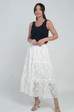 Kadın Beli Lastikli Astarlı Gül Desenli Tül Etek