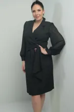 Kadın Kruvaze Yaka Kolları Şifon Boncuklu Bel Detaylı Kendinden Telalı Yarım Astarlı Büyük Beden Elbise