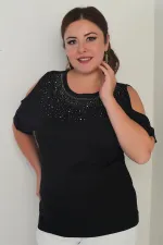 Kadın Yakası Taşlı Omuz Dekolteli Kısa Yarasa Kol Likralı Büyük Beden Bluz