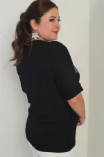 Kadın V Yaka Kısa Yarasa kollu Taş Detaylı Aslanlı Likralı Büyük Beden Bluz