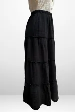 Kadın Beli Lastikli Katlı Müslin Uzun Etek