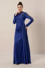 Taş İşlemeli Önü Büzgülü Astarlı Krep Saten Tesettür Elbise