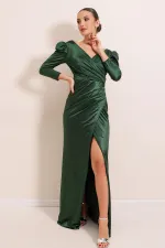 Kruvaze Yaka Yanı Büzgülü Astarlı Uzun Saten Elbise