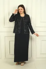 Ensemble 2 pièces pour femme, comprenant une veste en tulle ornée de sequins et de perles, une robe longue à manches demi-lune en crêpe doublée et un pantalon grande taille.