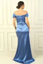 Long satin dress with side ruching and underwire lining.