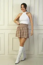 Kadın Beli Lastikli Kareli Kaşe Mini Etek