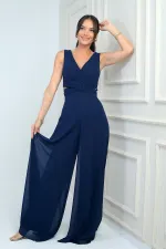 Waist-detailed, front and back V-neck, lined chiffon jumpsuit.