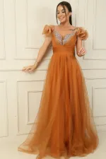 Ön Arka V Yaka İp Askılı Düşük Kollu Önü Taş Detaylı Astarlı Uzun Tül Elbise