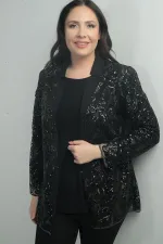 Kadın Pullu Tül Ceket Likralı Uzun Kol Bluz Büyük Beden 2'li Takım