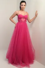 Kadın İp Askılı astarlı Göğüs Pliseli Boncuk İşlemeli Uzun Prenses Elbise