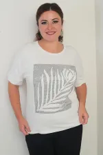 Women's Short Batwing Sleeve Plus Size Blouse with Stone Details and Rose Pattern, Lycra