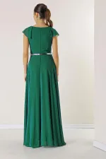 Flounced Collar, Belted Waist, Lined Long Chiffon Dress
