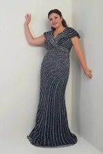 Kadın Ön Arka V Yaka Taş Baskılı Astarlı Büyük Beden Balık Elbise