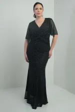 Robe longue doublée à col en V pour femme, ornée d'un nœud sur le devant et de perles, grandes tailles