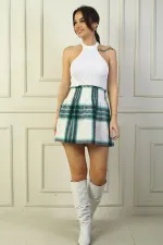 KAdın Beli Lastikli Ekose Kareli Mini Kaşe Etek