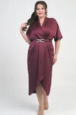 Women's Wrap Neck Short Batwing Sleeve Double Pleated Crepe Satin Plus Size Midi Designer Dress