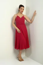 Women's Strappy Wrap Neckline Lined Lace-Up Back Flared Chiffon Dress