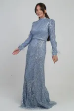 Kadın Kolu Tüylü Boncuk Ve Pullu Astarlı Tül Uzun Elbise