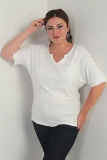 Kadın Yakası Zincirli Kısa Yarasa Kollu Taşlı Likralı Büyük Beden Bluz