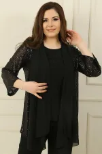 Ensemble 2 pièces pour femme : chemisier sans manches et veste à sequins en mousseline à col châle, grandes tailles.